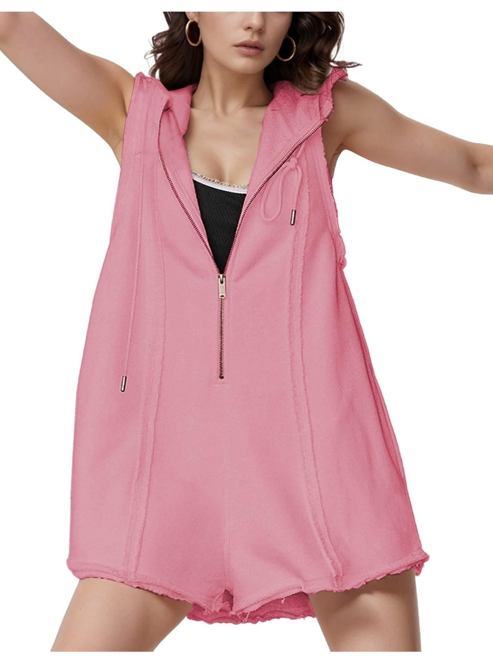 Sleeveless Hooded Pink Romper with Front Zip